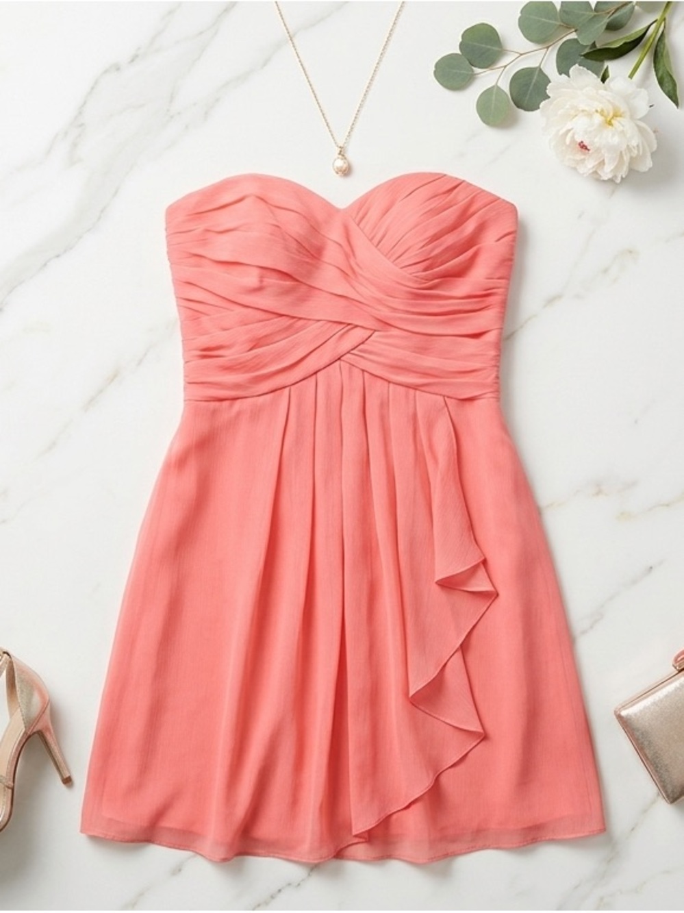David’s Bridal Coral Crinkle Chiffon Dress #F14847 NWOT Strapless Ruched Sz 16